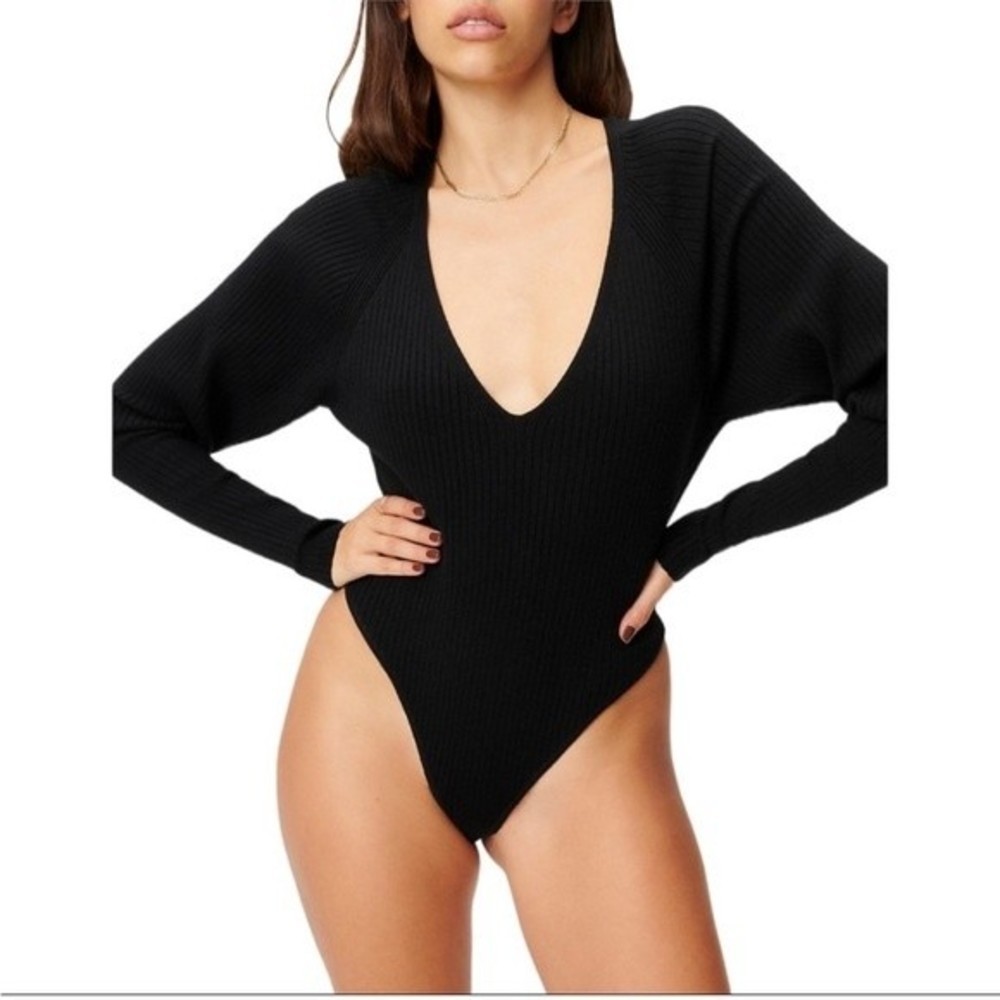 Black Ribbed V-Neck Long Sleeve Women's Sweater Bodysuit